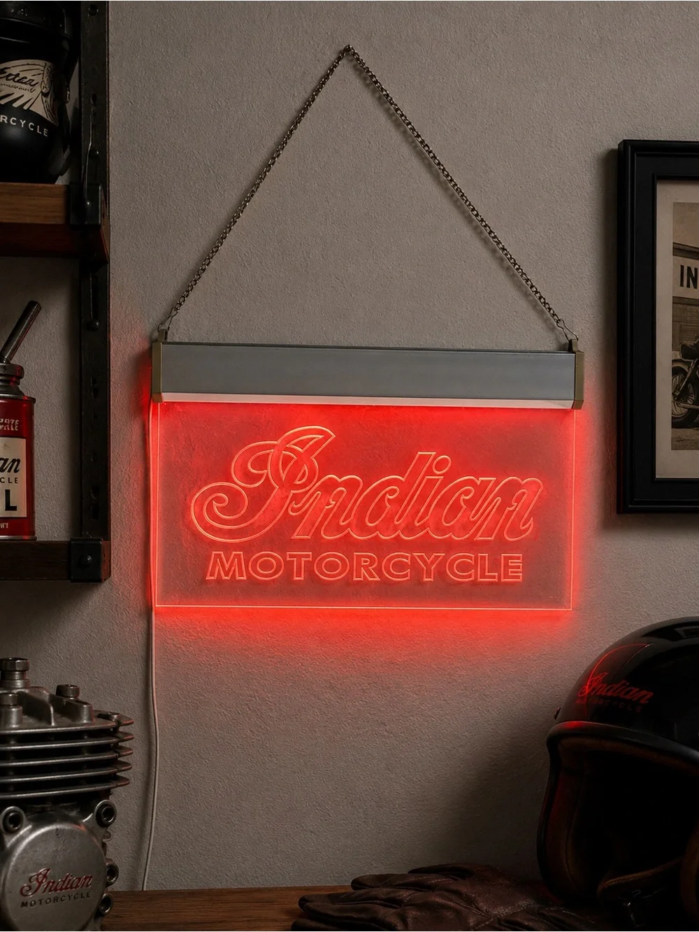 Indian Motorcycle LED Acrylic Hanging Light Sign Red Illuminated Garage Decor